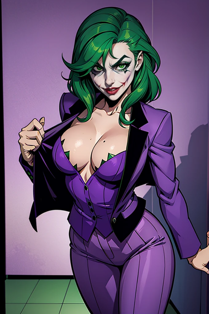 Joker dressed as a girl, full body shot, green hair, green eyes, purple pants, purple suit, close up the face, portrait