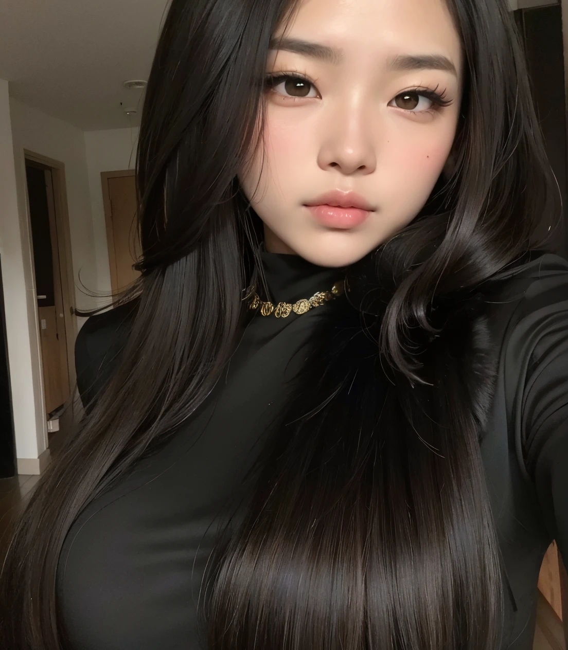 there is a woman com longos cabelos pretos wearing a choke, beautiful Asian girl, Asian girl, Asian girl com cabelos longos, com cabelo preto liso, Asian face, com longos cabelos escuros, com cabelos longos and piercing eyes, Xision Wu, cabelo preto longo com franja, asian features, menina coreana, linda mulher coreana jovem, com cabelos longos, com longos cabelos pretos