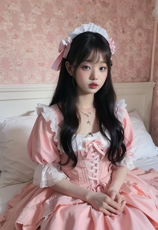 pleated skirt,pink skirt,pink sailor collar,, Best quality,Ultra-detailed,Realistic,A high resolution,Portrait,Beautiful woman, Palatial bed,ornate bed,Flawless makeup,suns rays,Beauty,elicate and refined,Stunning,