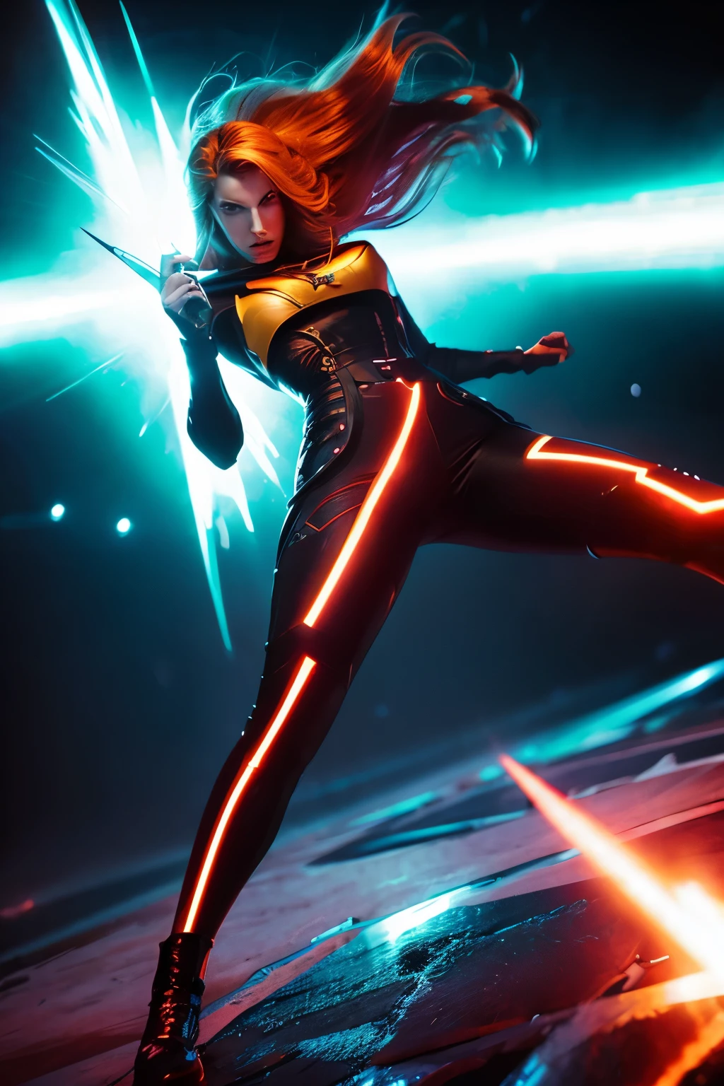 Belle femme, rousse, futuriste, demon, energetic