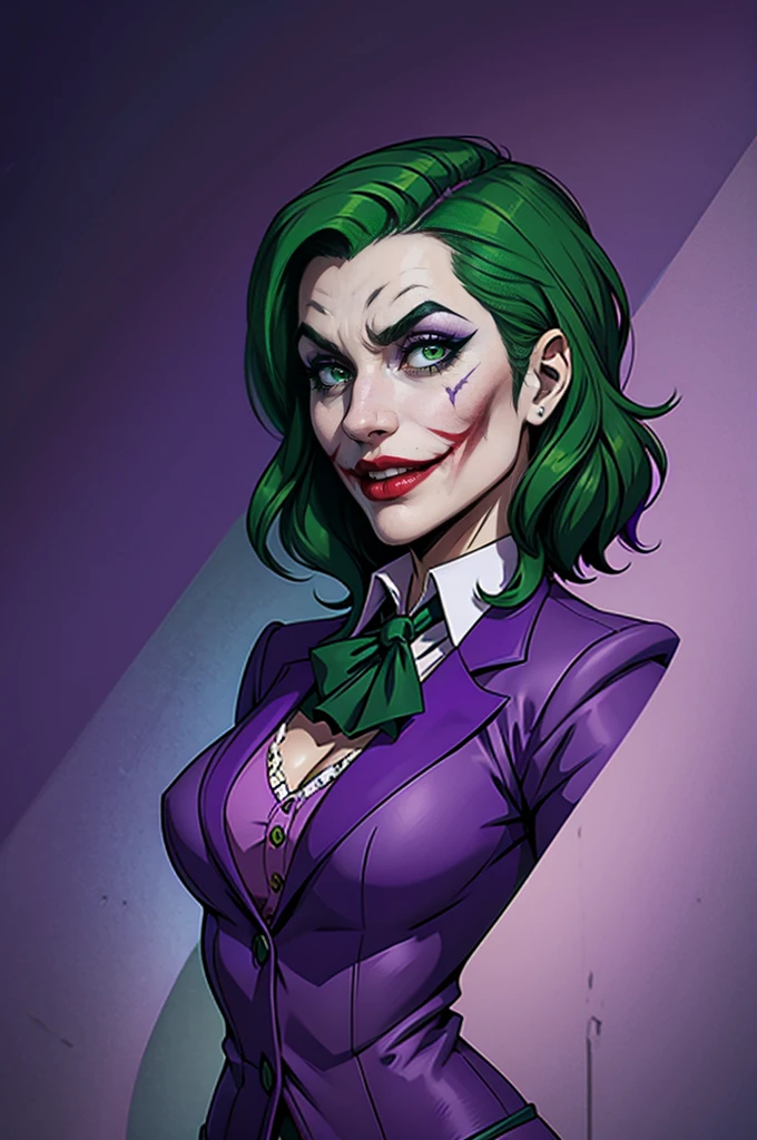 Joker dressed as a girl, full body shot, green hair, green eyes, purple pants, purple suit, close up the face, portrait