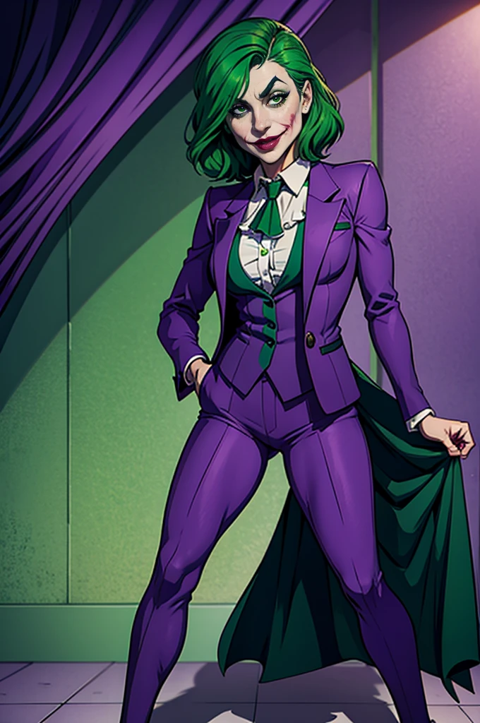 Joker dressed as a girl, full body shot, green hair, green eyes, purple pants, purple suit, close up the face, portrait