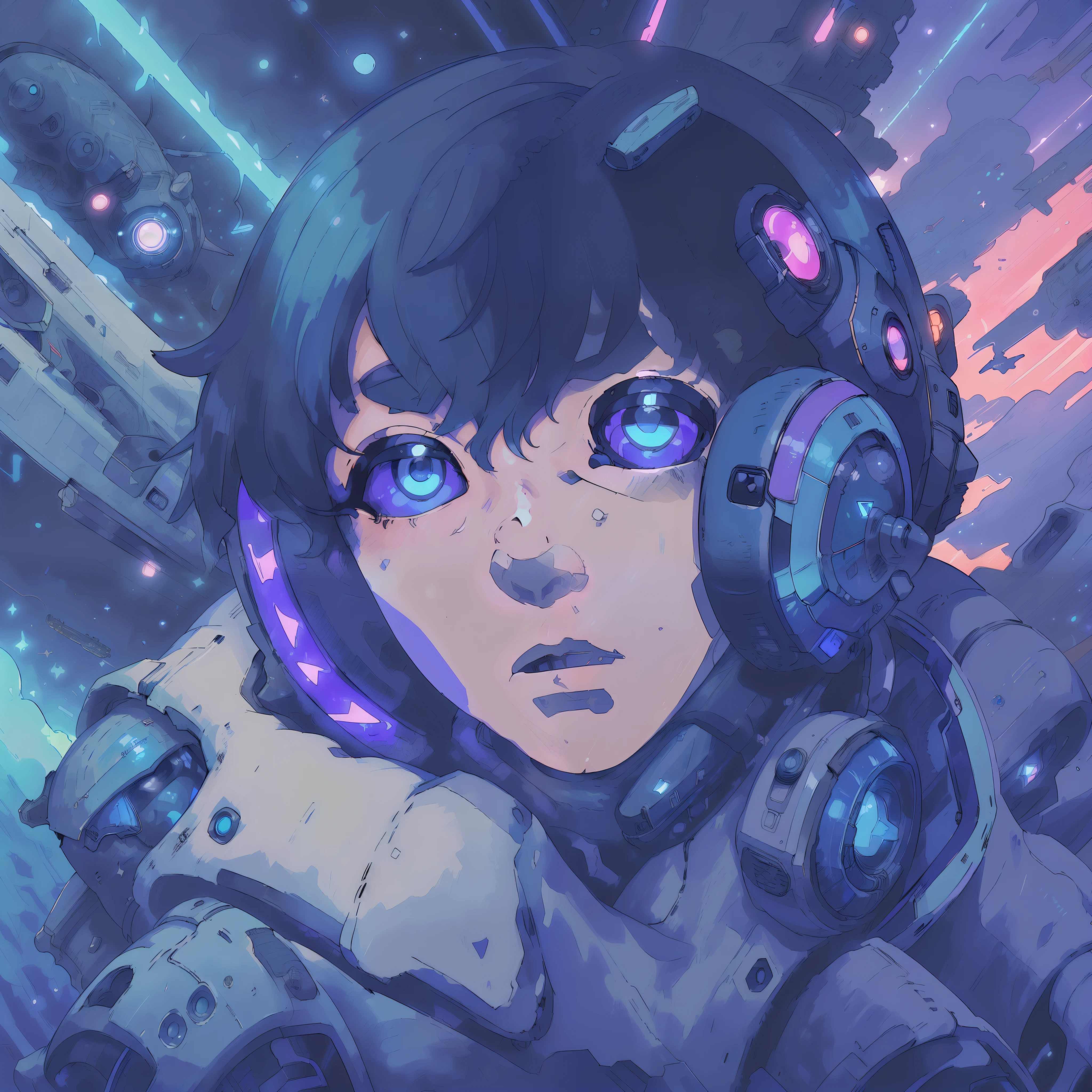 (boy in a spacesuit),(anime style90),(Best Quality,HD:1.2),(cyberpunk theme),(programmer),(Space in the background),Vivid colors,neon lights,Detailed helmet,high-end technology,lines of code,keyboard,futuristic city,glowing screens,Sci-fi elements,a starry sky,moon in the distance,cybernetic enhancements,high-tech gadgets,dreamy atmosphere,outer space,Cosmic Energy,Action-packed,Energetic posture,exciting scenes,sharp-focus,Secret Mission,Adventures in the unknown,dark shadows,Technological advances,mysterious aura,A dystopian future,A masterpiece of art,Ultra-detailed, Intense expressions,Electric blue shades,Sleek design,anime cover