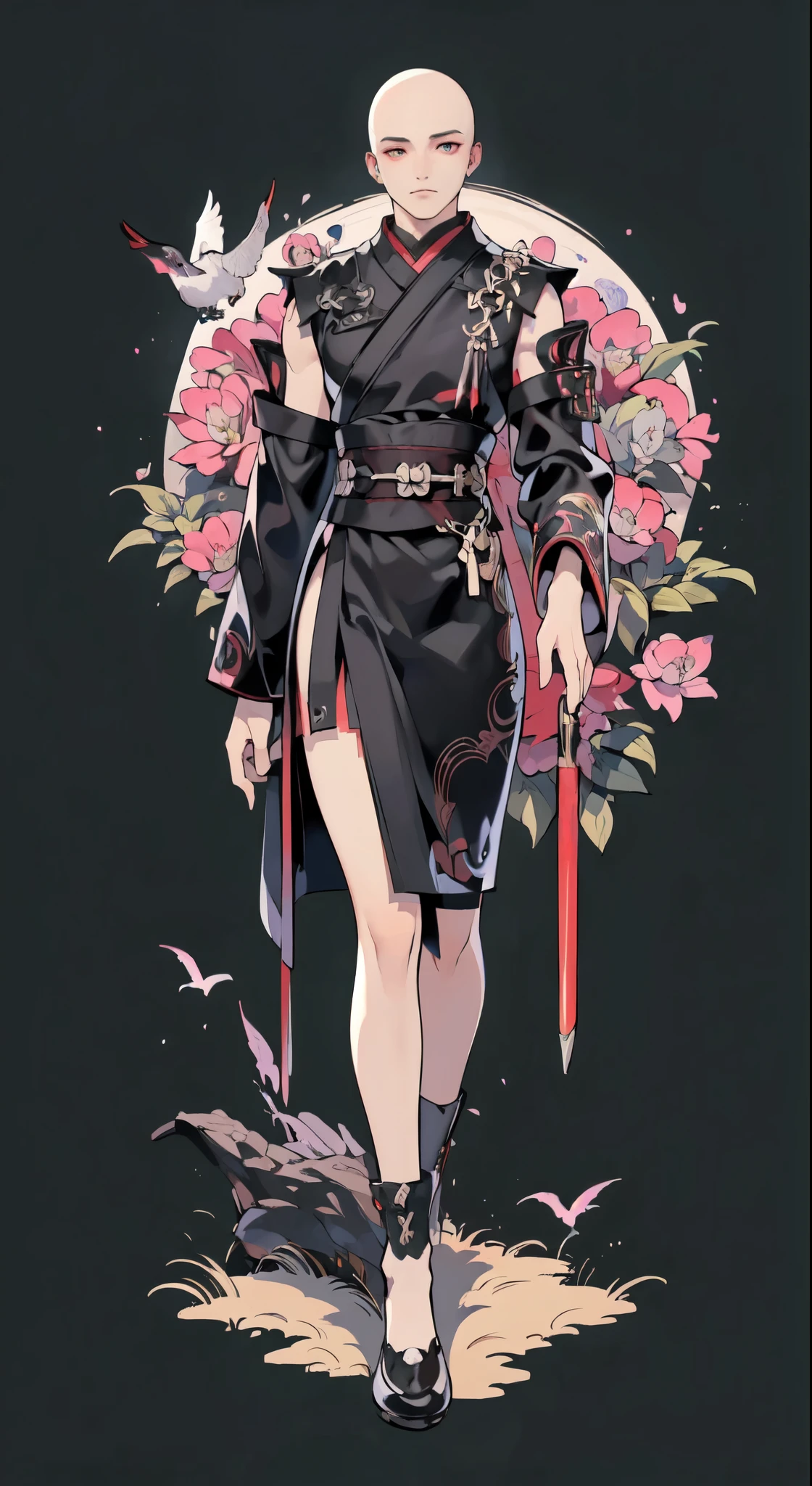 01_(Stylized character concept art), (1.full body figure), (3D character concept), (game character design).
(Description of the hero), (a young man, a Shaolin monk who combines traditional elements of ancient Chinese martial masters and modern urbanized details of appearance). (A smoothly cropped head, a piercing gaze, this is a fighter, an artist, a cyber-mage. He has a strong physique, a bald head, a strong neck, shoulders, arms, strong legs). (Dressed in a loose silk kimono, decorated with traditional Chinese patternlowers, peonies, skulls, birds. A wide belt girds a strong torso, the open chest is covered with rosary beads. Arms and legs are protected by combat protective elements in a futuristic style, cyberpunk, cyber fighter. ! On her feet are cool white shoes, with thick soles!). (His weapon, the magic of fine arts, is armed with a long pole, this is a technological device, vaguely reminiscent of a traditional fighting pole, metal, electronic, cyber weapons. With the help of virtual images, the Fighter Monk is able to recreate various elements in space; dragons, demons, birds, flowers, and dead people. He is depending on the level of accumulated energy and the presence of “primary elements”).
02_The image is made in the style of a concept sheet, white background, (one character, full height), weapons in hands, (spectacular dynamic - combat pose with a pole, creates a combat phantom in space). (Clothing colors, muted orange, metal elements, plastic; Cyberpunk style, future fighter).
03_Stylization, game character concept, white background, one full-length hero. Stylization; fantasy - cyberpunk, Riot Games, League of Legends, World of Warcraft. 3D character, game model, high quality – artistic hand-drawn 2D textures; (diffusion, transparency, glow, relief.) Rich, balanced color scheme, linear graphic outline in black.