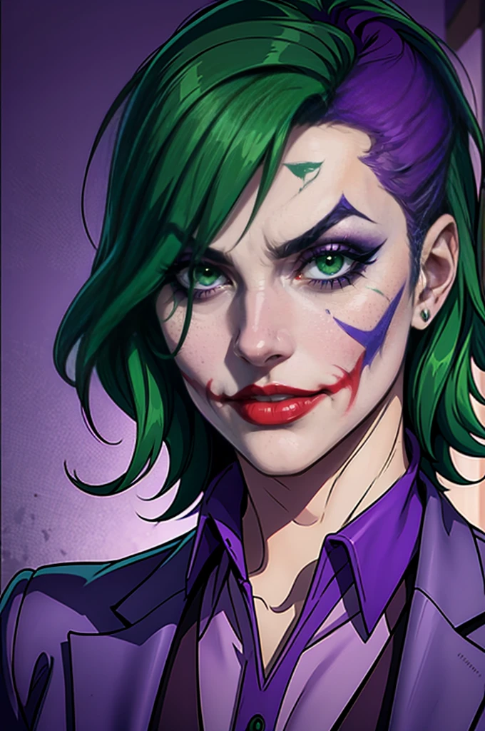 Joker dressed as a girl,  green hair, green eyes, purple pants, purple suit, close up the face, portrait