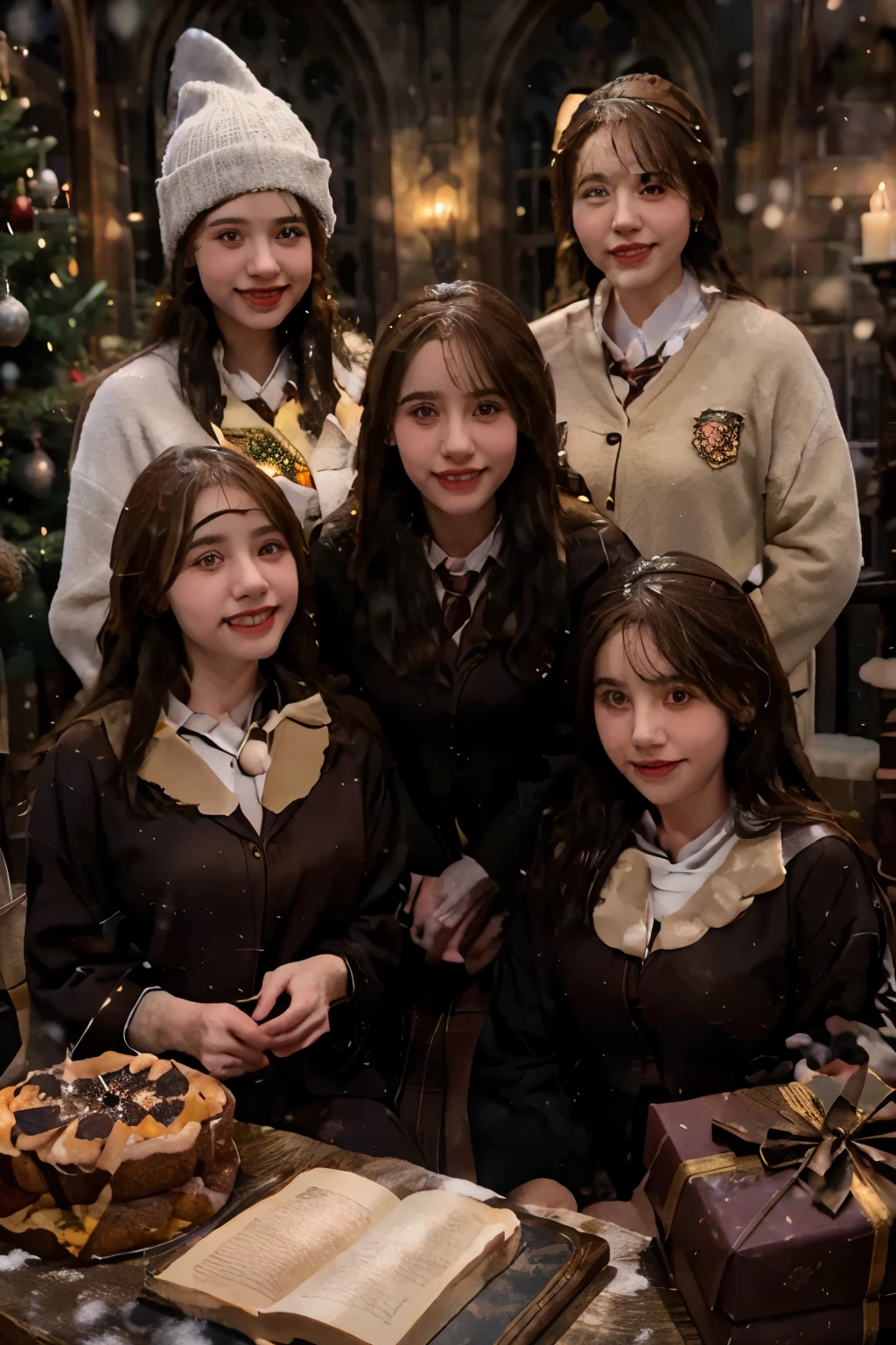Hogwarts/ wizarding world,celebrating in the snow-covered Hogwarts castle courtyard.
output:
"(best quality,4k,8k,highres,masterpiece:1.2),ultra-detailed,realistic:1.37,HDR,UHD,studio lighting,extremely detailed eyes and face,beautiful detailed eyes,beautiful detailed lips,longeyelashes,1girl,portrait,Hogwarts,wizarding world,Christmas celebration,snow-covered,castle courtyard,Hogwarts robes,joyful,magical atmosphere,frosted trees and ornaments,falling snowflakes,candlelight,vibrant colors,cosy and warm,enchanted"