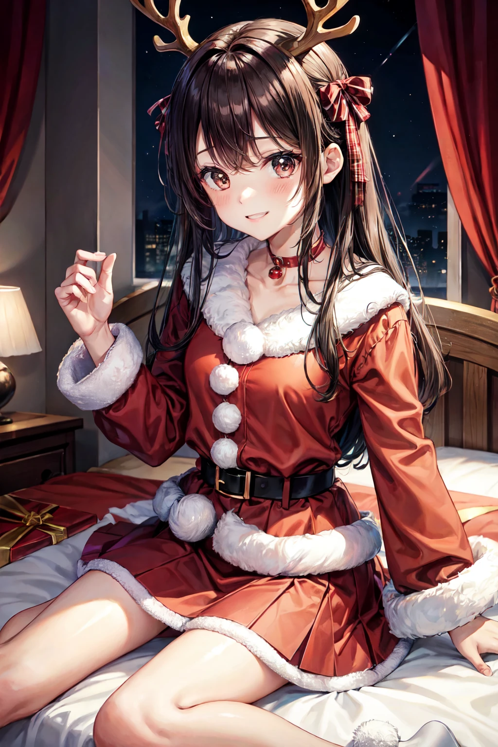 top-quality、lighting like a movie、1 sister、Sister's room、wearing reindeer antlers、Santa Costumes、a miniskirt、ssmile、Panty Exposure、