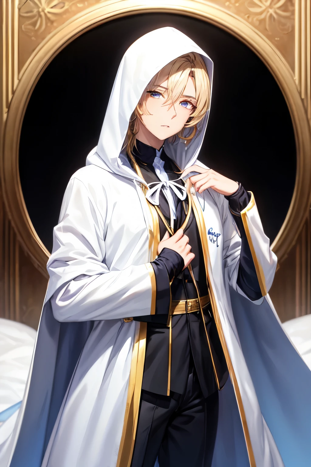 Homen, anime, Cabelos brancos, olhos vermelhos, white lashes, rosto definido e marcado, corpo sarado e desenvolvido, revestido de um manto preto, capuz, but don&#39;t wear the hood. Hands covered with a white ribbon, 190 centimeters