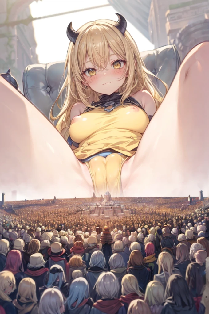 (tiny armies of people on a cliff in front of a giantess breasts: 1.2), (a tiny army on a tiny hill in front of the breasts of a giantess: 1.2), a giantess looming over a tiny army on a tiny hill, (tiny adventurers: 1.1), (crowds of tiny armies on a tiny cliff in front of a girl: 1.1), (crowds of tiny armies on a cliff: 1.1), giantess girls in the background, simple background, (dark deep dungeon:1.3), giantess girls in the background, multiple girls, (giantess:1.1), blonde hair, yellow eyes, long cute hair, cute yellow dress, (foreshortening:1.2), (giantess:1.2), pity look, sitting, spread legs, horns, demon girl, hills, cliffs, mountains, (crowds:1.4), tiny knights, wizards, fantasyvery detailed, beautiful, professionally drawn, (perfect beautiful skin), (huge breasts with nipples: 1.2), (mature woman: 1.4), looking at another, (a couple looking at another: 1.2), (:3:1.2), happy, (>:D:1.2)