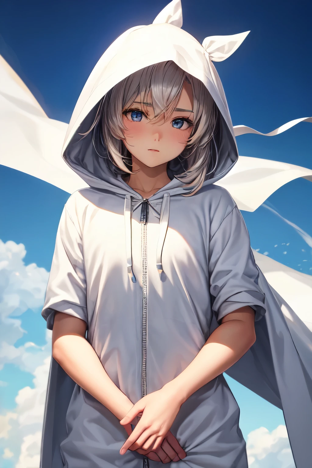 Homen, anime, Cabelos brancos, olhos vermelhos, white lashes, rosto definido e marcado, corpo sarado e desenvolvido, revestido de um manto preto, capuz, but don't wear the hood. Hands covered with a white ribbon, 190 centimeters