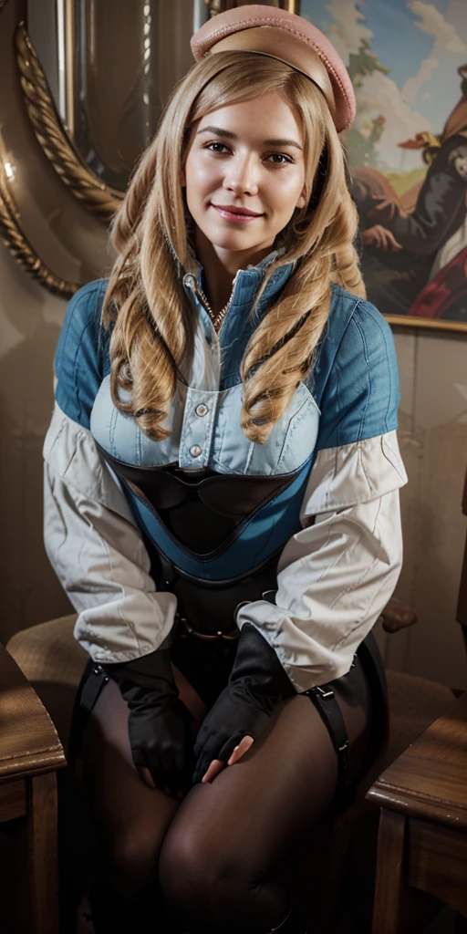 (4k, Prominence in Masterpiece, High Quality, Best Quality: 1.2) full body, 1 child female, solo, 1 girl, lustful smirking smile blush, looking at viewer, sitting on chair with legs crossed, big black thighs stocking, big breasts (cover with blue) ((SFW)), hands on hips, wide hips, blonde long hair, blonde drill hair, blonde twin drills hair, blue wizard hat, Handcuffs on their hands, With a collar around the neck