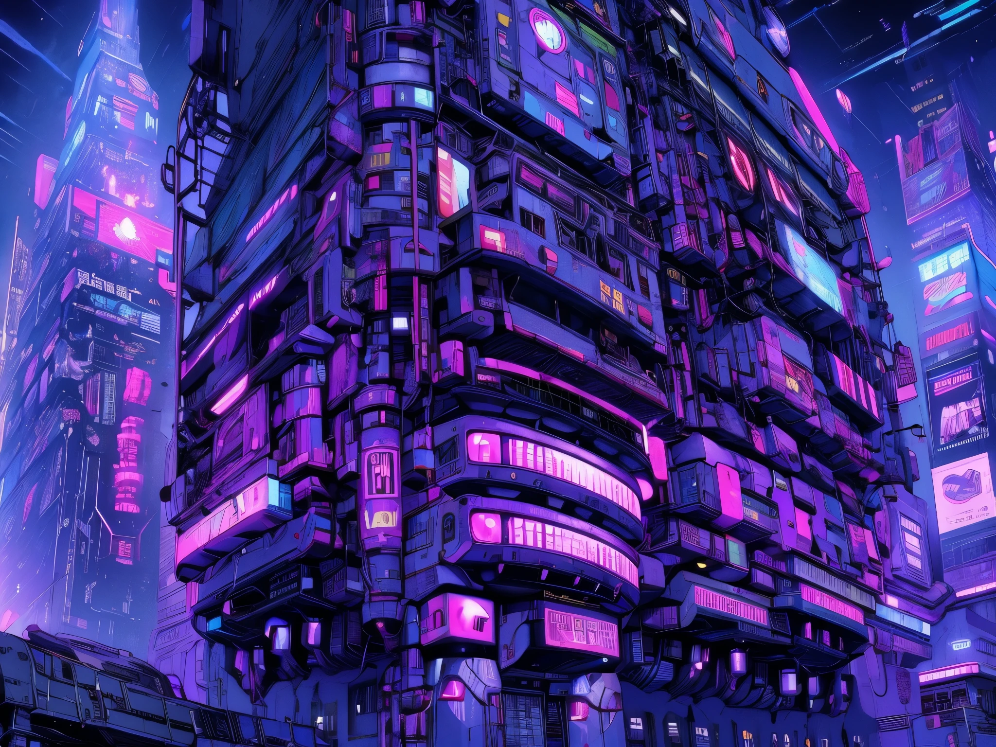 An ultra-detailed anime masterpiece depicting a cyberpunk spaceport during a snowstorm. The scene captures the launch of a spacecraft amidst the futuristic megastructures. The sky is filled with a mesmerizing night sky adorned with neon lights, creating a vibrant and dynamic atmosphere. The animation showcases the intricate details of the snowflakes falling, the spacecraft's propulsion system, and the cityscape bustling with life. The colors used in this artwork are vivid, with a focus on neon hues and contrasting shades to enhance the cyberpunk aesthetic. The lighting is dramatic, utilizing studio lighting techniques to create a visually striking effect.