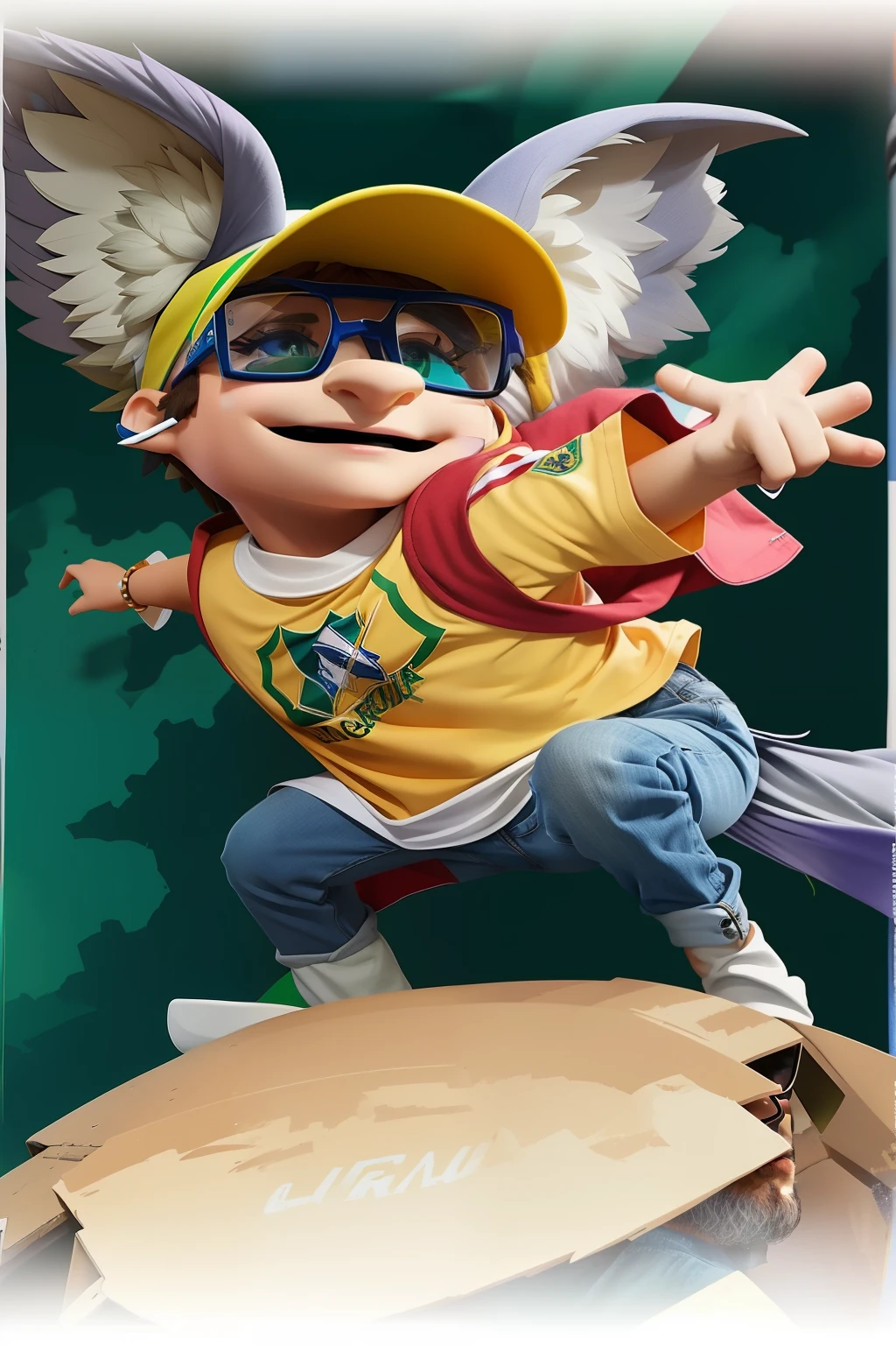 Esse mesmo personagem usando uma camiseta do brasil e um oculos Juliette