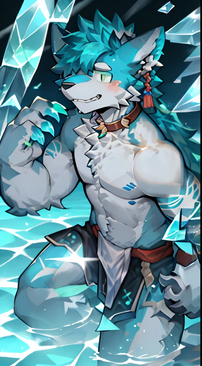 the only person,hairy pubic,Human biology,Male white wolf,grey fur,Gray tail,White ear bleeding - green eyes,Muscle tissue,male people,(The hairy pubic feeling of animal earull bodyesbian,Blue pick dye,Loincloth