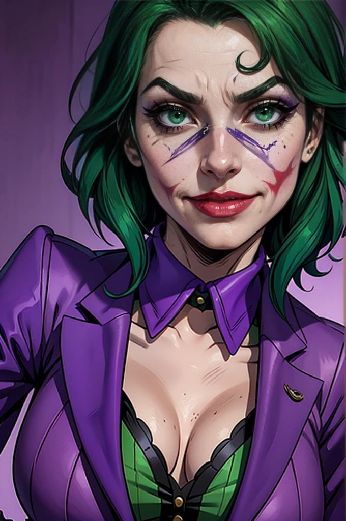 Joker dressed as a girl,  green hair, green eyes, purple pants, purple suit, close up the face, portrait