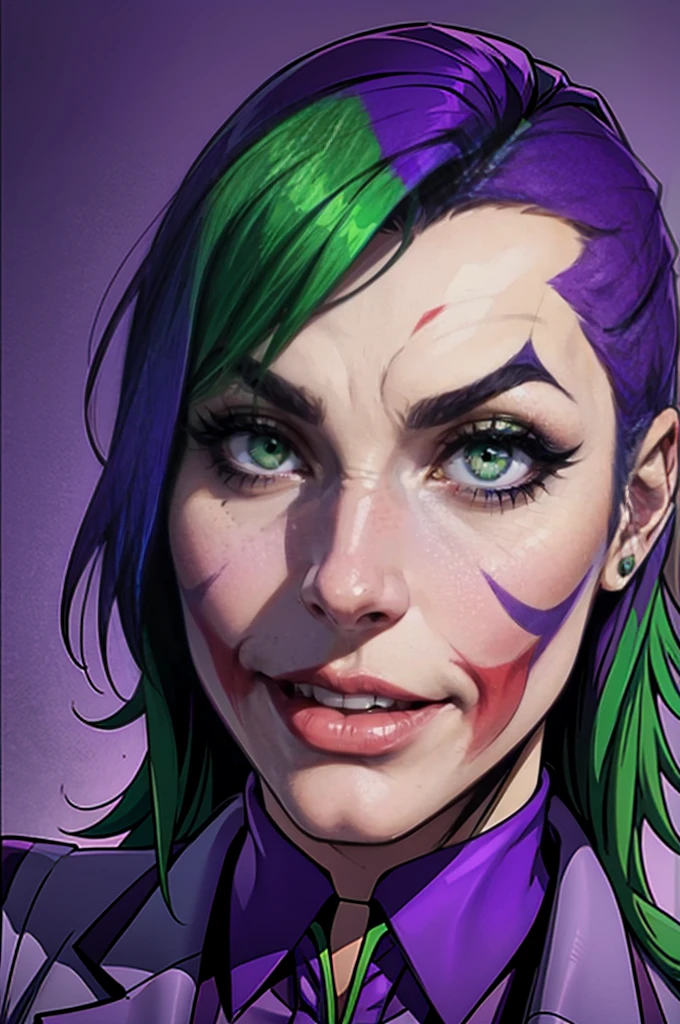 Joker dressed as a girl, green hair, green eyes, purple pants, purple suit, close up the face, portrait