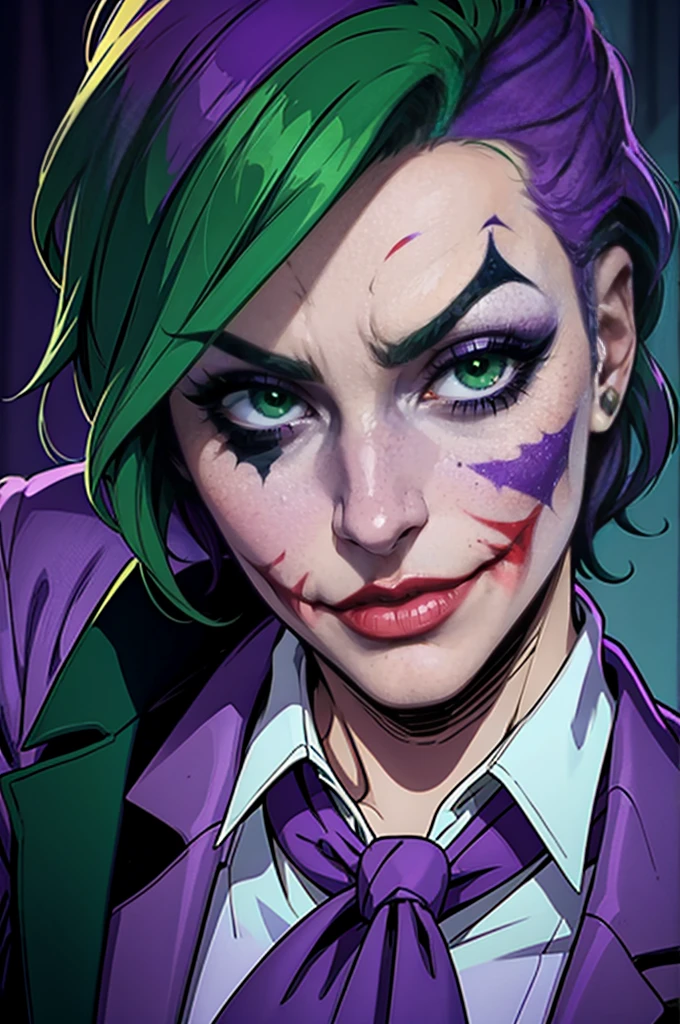 Joker dressed as a girl,  green hair, green eyes, purple pants, purple suit, close up the face, portrait