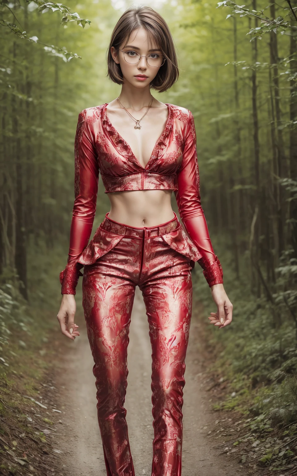 (8K, Masterpiece, RAW photo, Best quality, detail:1.3), (ultra realistic Natural background, scenary:1.5), Depth of field, Cinematic light, (ultra realistic face), (1 picture of 1 solo girl Airim Jones:1.6), 1girl, (Beautiful and elegant Russian girl), (skinny girl with glasses), (European face:1.3), (perfect complete full body:1.5), (small necklace, collarbone:1.1), ( [bangs|pigtails|bob|pixie] hair:1.5), (ultra detailed skin:1.4), (sexy red outfit:1.6), (Printed Trousers:1.55), (perfect standing pose:1.5), (perfect long legs:1.4)
