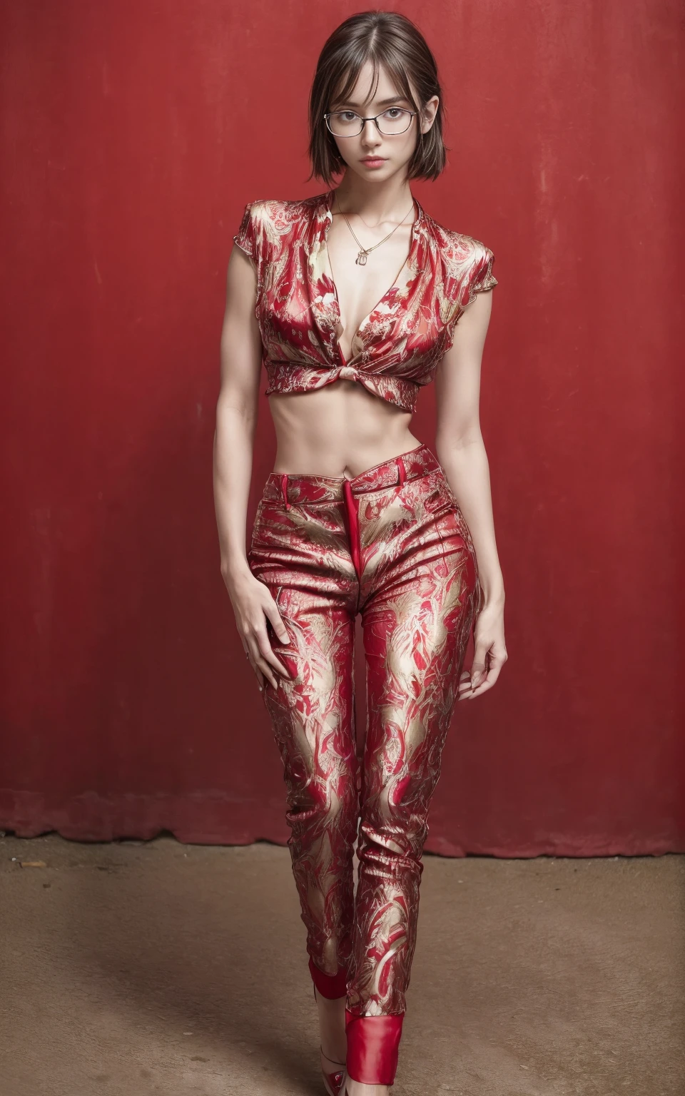 (RAW shooting, Photoreal:1.5, 8k, highest quality, masterpiece, ultra high resolution), perfect dynamic composition:1.2, Highly detailed skin and facial textures:1.2,beautiful and aesthetic:1.2, caucasian:2, standing:2, full body:2, shoes:1.2, necklace:2, Fair skin, (large breast:1.5, Chest gap:1.5),(1girl, tall, long legs, makeup:1.2, single braid, thicc tight:1.1, pink top:2,sleeveless:1.2,,red pants:2,belt:1.2),(simple background:1),
