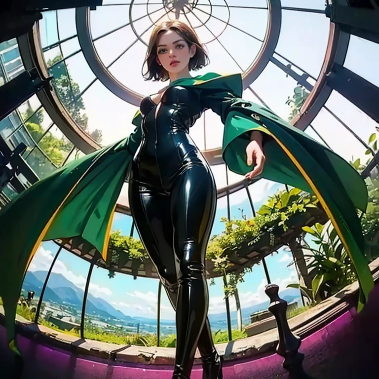 ( Masterpiece, best quality , close up shot , 300mm lens, fisheye:1.2 ), (( beautiful, luxurious, greenhouse dome:1.5, glass panels, plants of colours, vibrant , extreme high detailed, intricate details )). ( 1woman_/(kimtaeyeon/), full body, flat nose:0.4, long face:1.1, ( sleek eyes:1.6 ), ( strong cheek bones:0.4 ), broad jaw:1.1, [plump cheeks], baton in hand, short hair, dark hair with green highlights, bewitching eyes, eye makeup, eye lashes, natural breasts:1.2, natural ass:1.2, big ass:1.2, attitude on face , temptress, wearing tight latex body suit with green accents emphasising her bodacious curves), ((view from below:1.6)), ( cinematic lighting, backlit, soft light)