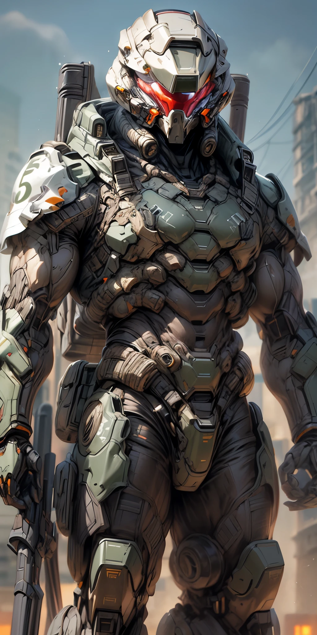 (((An epic and visually stunning digital anime masterpiece featuring a sylphlike masculine ((male:1.5)) decorated military dieselpunk cyborg soldier clad in a sleek yet tactical armored yet decorated leather military trench coat:1.2))), (((flat masculine male chest:1.5, mechanical full head helmet, mecha helmet with narrow orange eyes:1.5))), (((the character adorned in a (scifi tactical armored open front trench coat with a built in exoskeleton) (over a form fitted armor plated yet super sleek and revealing under suit with waist cut outs), the armor plating on the upper arms and shoulders beautifully engraved))):1.4. The image showcases the intricacies of the character’s armor and clothing:1.5, ((capturing their flamboyant essence and heavy mecha aesthetic:1.2)). The character also possesses an androgynous charm, (((with slim yet heavily muscled physique:1.2, sylphlike with a sleek waist, toned yet beautifully sleek cybernetic arms:1.3, mechanical arms and legs:1.3, mecha muscles:1.3))), looking at viewer, (((brass metal armor and brown leather, dieselpunk:1.3))), (((depth of field, cinematic lighting, chromatic aberration, ray tracing, UHD, masterpiece, top of head covered, super detail, high details, high quality, award winning, 8k, highres)))
