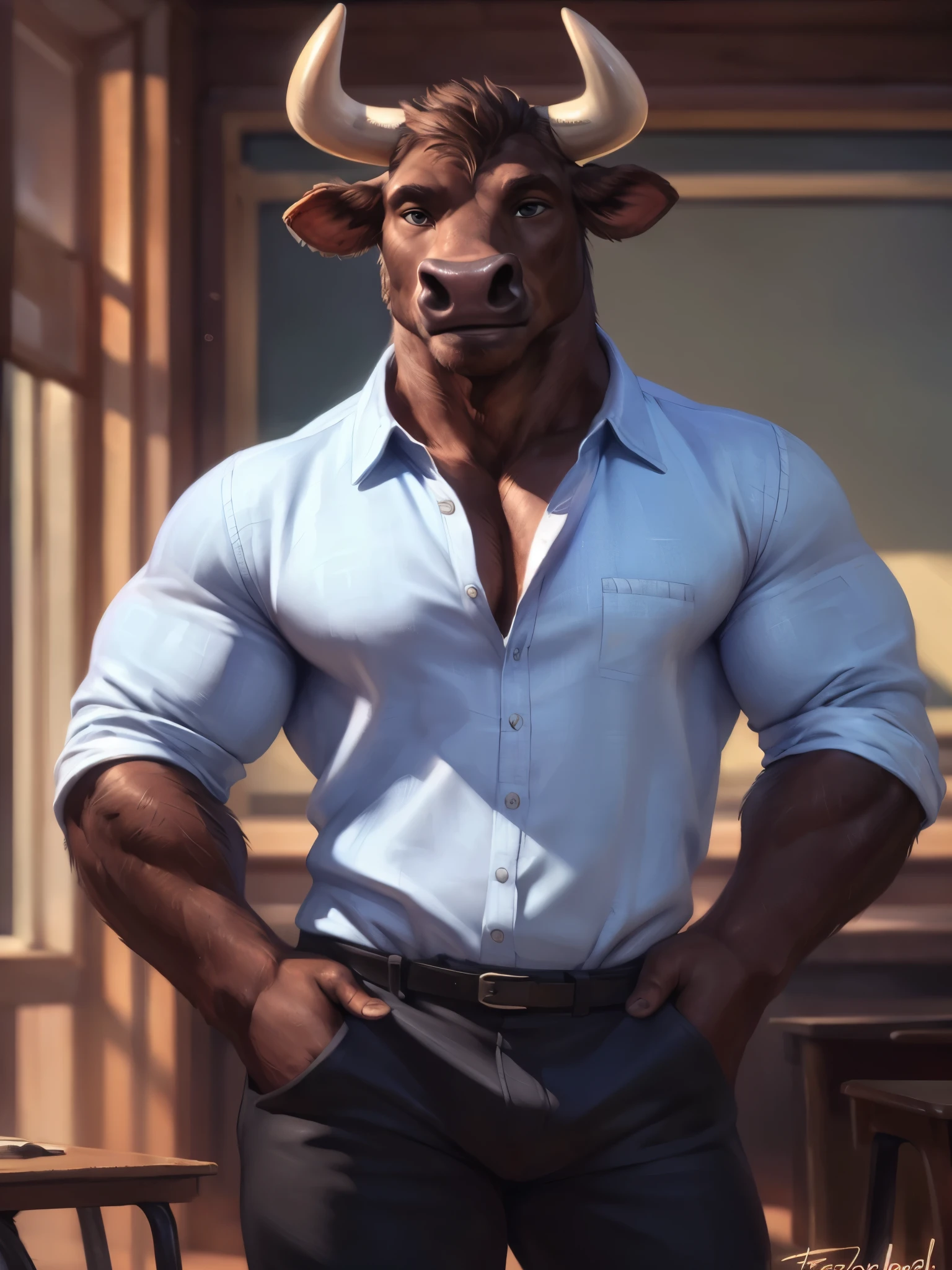 4k, high resolution, best quality, perfect colors, perfect shadows, perfect lighting, ((close up, portrait)), posted on e621, furry body, solo, anthro black bull, curved bovine horns, (monotone black fur:1.3), male, adult, (veiny biceps, heavily muscular, manly, brutal, masculine:1.4), plain bottomless background, correct anatomy, (photorealistic detailed fur, epic, masterpiece:1.2), (by Taran Fiddler, by Chunie, by Rukis, Bonifasko lighting), best posture, looking at the camera, (arms crossed:1.2), (white polo t-shirt, red shorts:1.3), (detailed clothes:1.3), smooth fabric textures