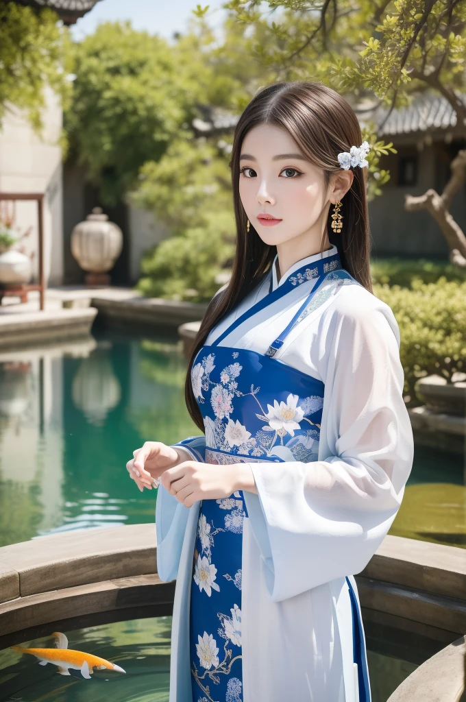 (best quality, high-res, ultra-detailed), oil painted China-style girl in a Hanfu dress, with beautiful detailed eyes, lips, and face, long eyelashes, and porcelain-like skin, in an ancient China art style. The girl is surrounded by blue and white porcelain vases, with intricate hand-painted patterns. She is standing in a traditional Chinese garden, with lush greenery, blooming lotus flowers, and a serene pond with koi fish swimming gracefully. The garden is adorned with traditional Chinese architecture, such as pagodas and arched bridges. The lighting is soft and diffused, creating a dreamy atmosphere. The colors are vibrant and rich, with a harmonious combination of deep blues, crisp whites, and hints of gold accents. The overall scene exudes elegance and the charm of ancient China, showcasing the beauty of Chinese culture and art.