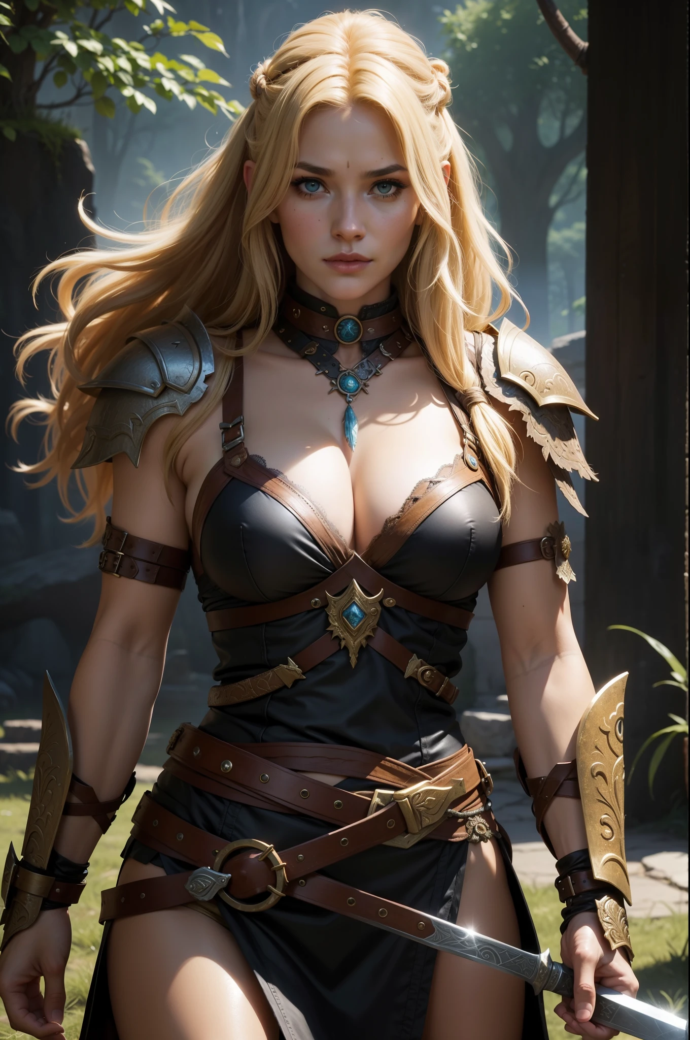 a close up of a woman in a costume holding a sword, barbarian warrior woman, a very beautiful berserker woman, very beautiful female barbarian, female warrior, a sexy blonde warrior, epic fantasy art style, portrait of a barbarian female, fantasy warrior, epic fantasy digital art style, epic fantasy character art, 4k fantasy art, beautiful female warrior, warrior girl