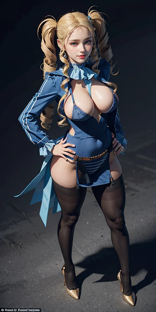 full body standing straight symmetrical, huge boob(masterpiece, best quality:1.2), cowboy shot, solo, 1MILF, mmplatz, smile, looking at viewer, hands on hips, twintails, twin drills, dress, blue pantyhose, striped pantyhose, Handcuffs on their hands, With a collar around the neck