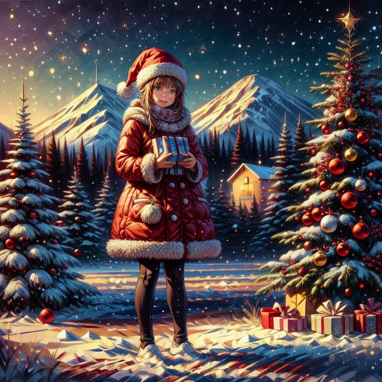 2people, a young ***************, a jolly santa, peeking around a door, placing presents under the tree, Christmas, cosy cottage style, interior, decorated for Christmas, high quality