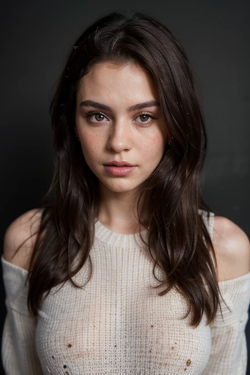 ((best quality)), ((masterpiece)), (detailed), perfect face realistic photo of beautiful woman with long dark brown hair, Russian, influencer, light freckles, dark brown eyes, big lips, no makeup, instagram, standing next to black wall, wearing sexy lond winter jumper