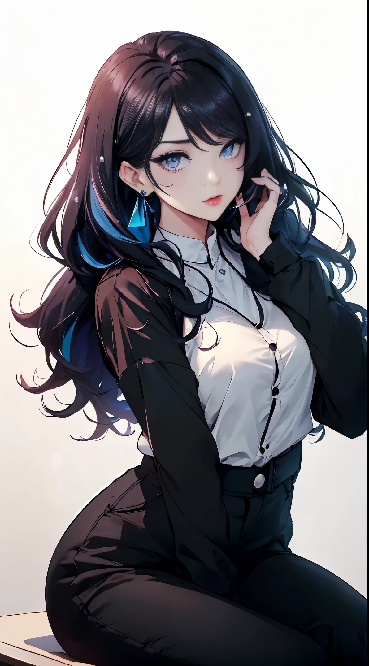 top-quality、Top image quality、masterpiece、Teenage girl((White shirt、Long black trousers、18year old、 Ager、Best Bust、big bast,Black eyes, blue hairs、A slender,Large valleys、red lipstick makeup、Cute earrings、銀の腕時計、Bring your chest together、Sit up、Eyeshadow that colors your eyes with a captivating pose、all-fours)),hiquality、Beautiful Art、Background with((white walls、Photography Studio))masterpiece、depth of fields,Camera Film Style