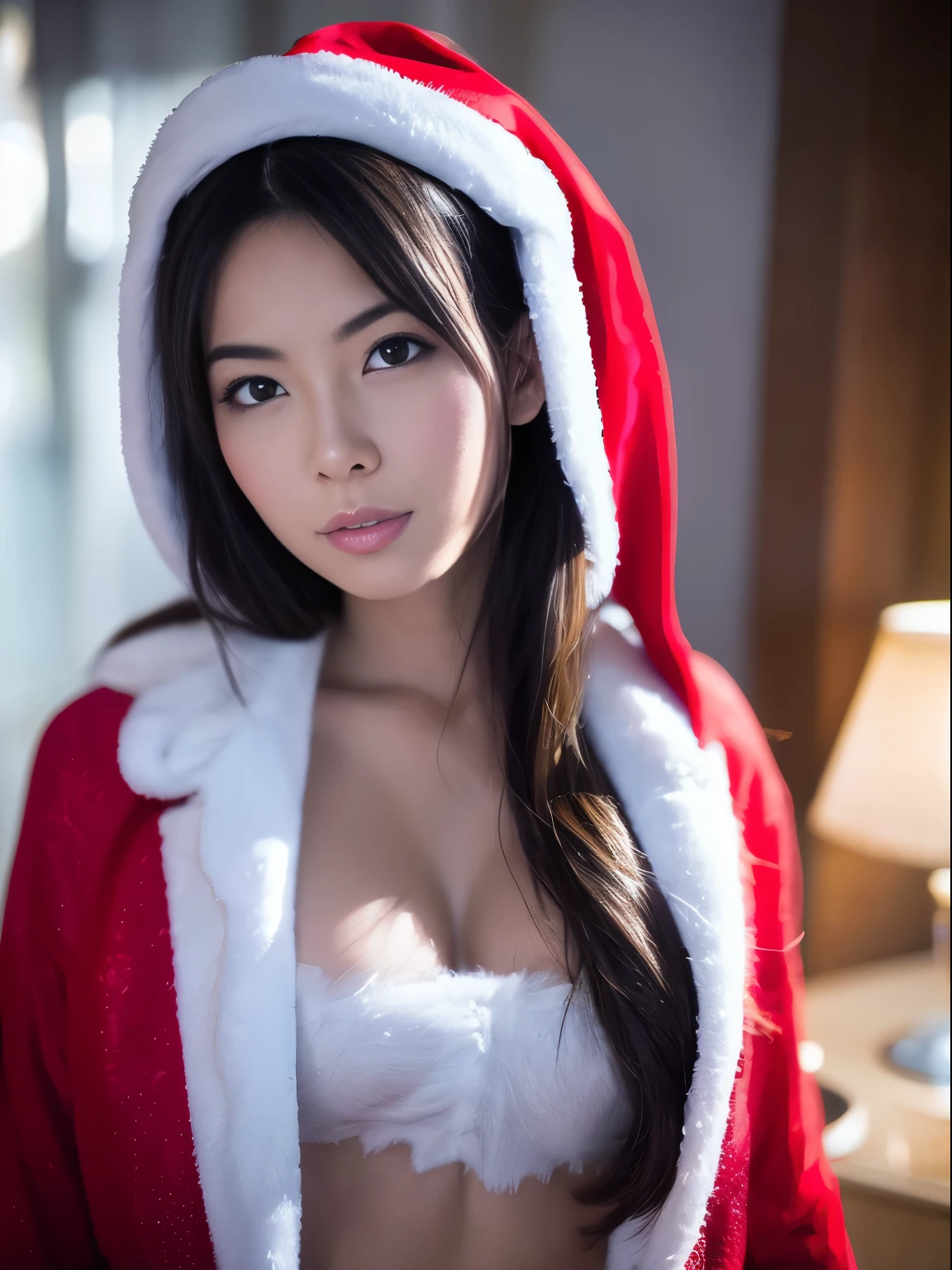 ((Beautuful Women)),(Red Santa Claus costume:1.5),Christmas tree,Black hair,Photorealsitic,surrealism, F/1.2, 35 mm, Fuji Film, 8K, Super Detail, nffsw, masutepiece, ccurate, Anatomically correct, Textured skin, Super Detail, high details, High quality, Best Quality, hight resolution