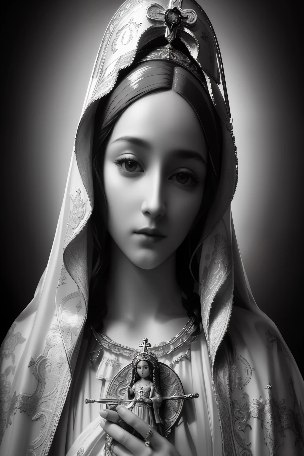 a black and white photograph of a statue of a woman holding a rosary, virgin mary, portrait of virgin mary, catholic Arte religioso, Reina del Cielo, Majestuosa Santa Mujer, Retrato detallado de Madonna, Arte digital H 9 6 0, santo imagery, santo, religious iconography, Arte religioso, santo and beautiful, Obra de Bellas Artes, religious imagery, Inmaculadamente detallado