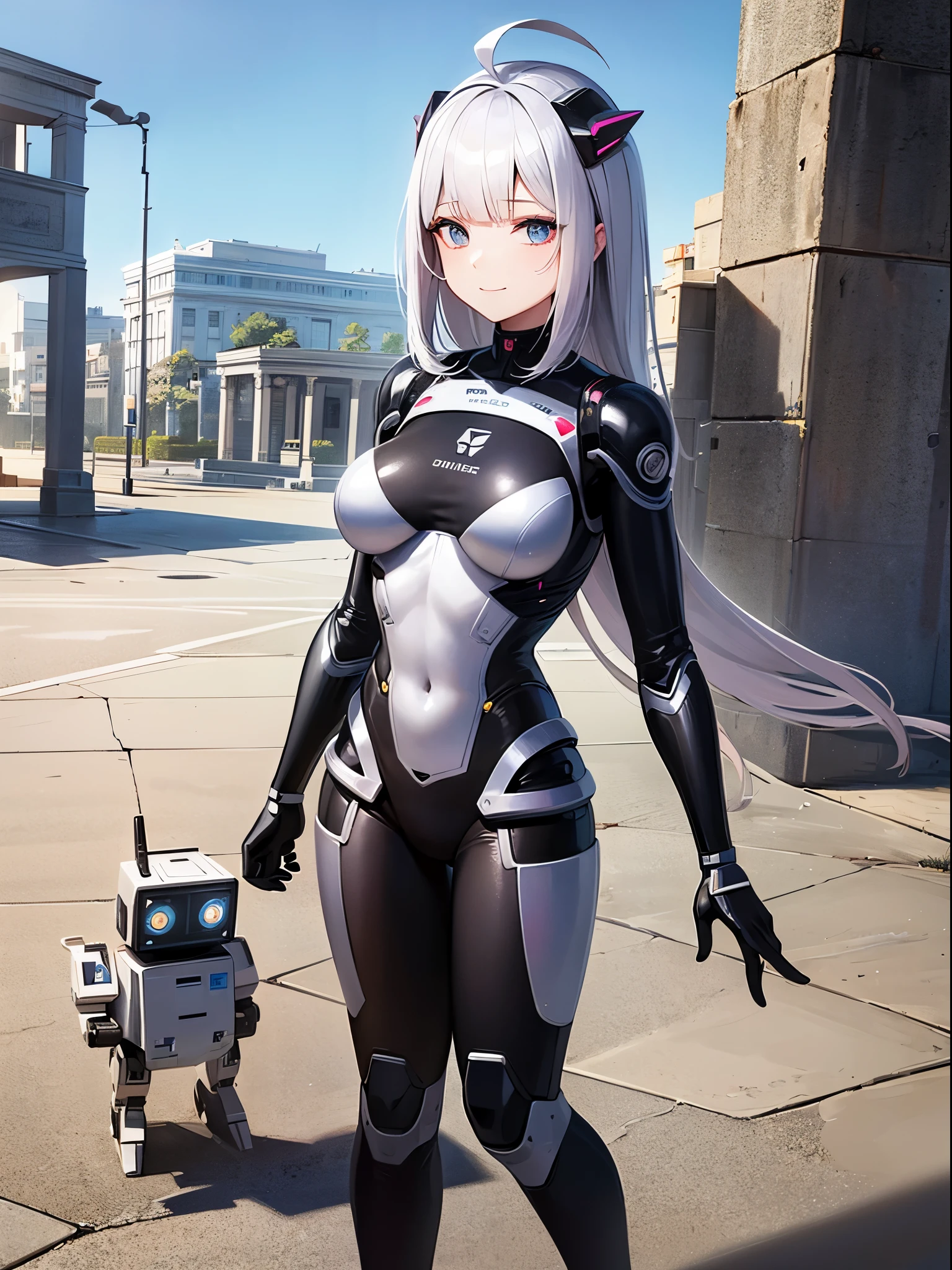 There is a woman in a robot suit posing next to an ancient building, Beautiful white girl half cyborg, Cute Cyborg girl, Beautiful girl cyborg, Perfect Robot Girl, Cyborg girl, Young cyborg Grady, Beautiful Female Robot, Beautiful robot woman, Cyborg girl, perfect cyborg female, porcelain cyborg, Female robot, Beautiful cyborg images,Ahoge,Sweet smile,8-year-old little girl,latex
