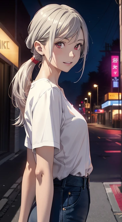 High resolution 8K, NSFW, Bright light illumination, Anime style, Film Portrait Photography, 1woman, dynamic angle, dynamic pose, slender face, a smile, smile, Beautiful Women, (((Red eyes, Straight hair, pony tail, silver hair, Long hair))), woman wearing a yellow shirt, adult lady, Wear shorts, anime characters in a scene with a sky background, your name movie style, Stills in TV anime, yourname, fiona staples and makoto shinkai, makoto shinkai and bioware, guweiz and makoto shinkai, anime still image, Animated film stills, anime movie screenshot, (Natural skin texture Vibrant details, hyper realistic)