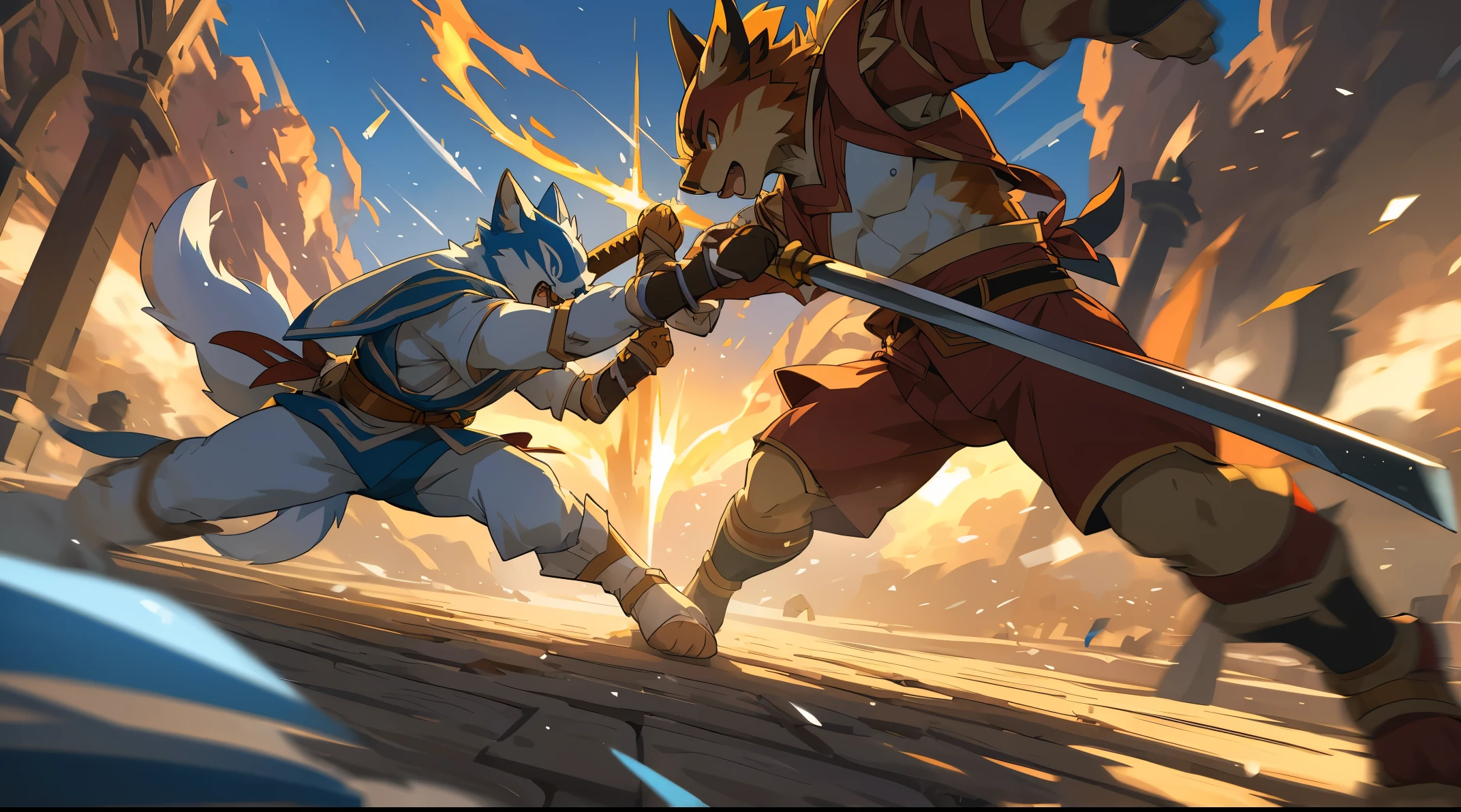 top quality, high-quality illustrations((masterpiece))depth of field, motion blur, absurdres, Perfect Anatomy, magnificent picture of kemono fighting fierce battles, kemono, Anthro((dramatic))epic, weapon, Acrobat, One scene of movie,