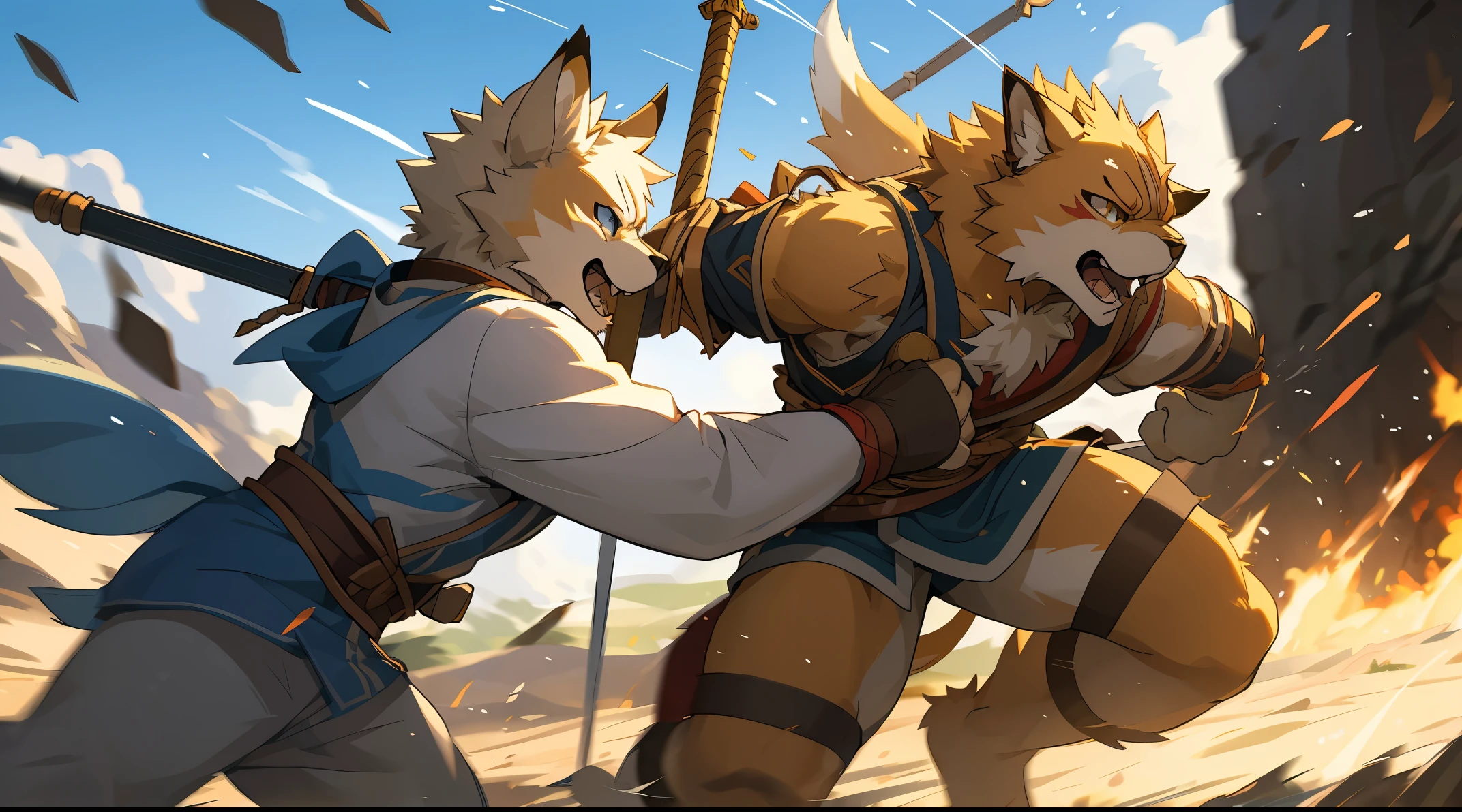 top quality, high-quality illustrations((masterpiece))depth of field, motion blur, absurdres, Perfect Anatomy, magnificent picture of kemono fighting fierce battles, kemono, Anthro((dramatic))epic, weapon, Acrobat, One scene of movie,