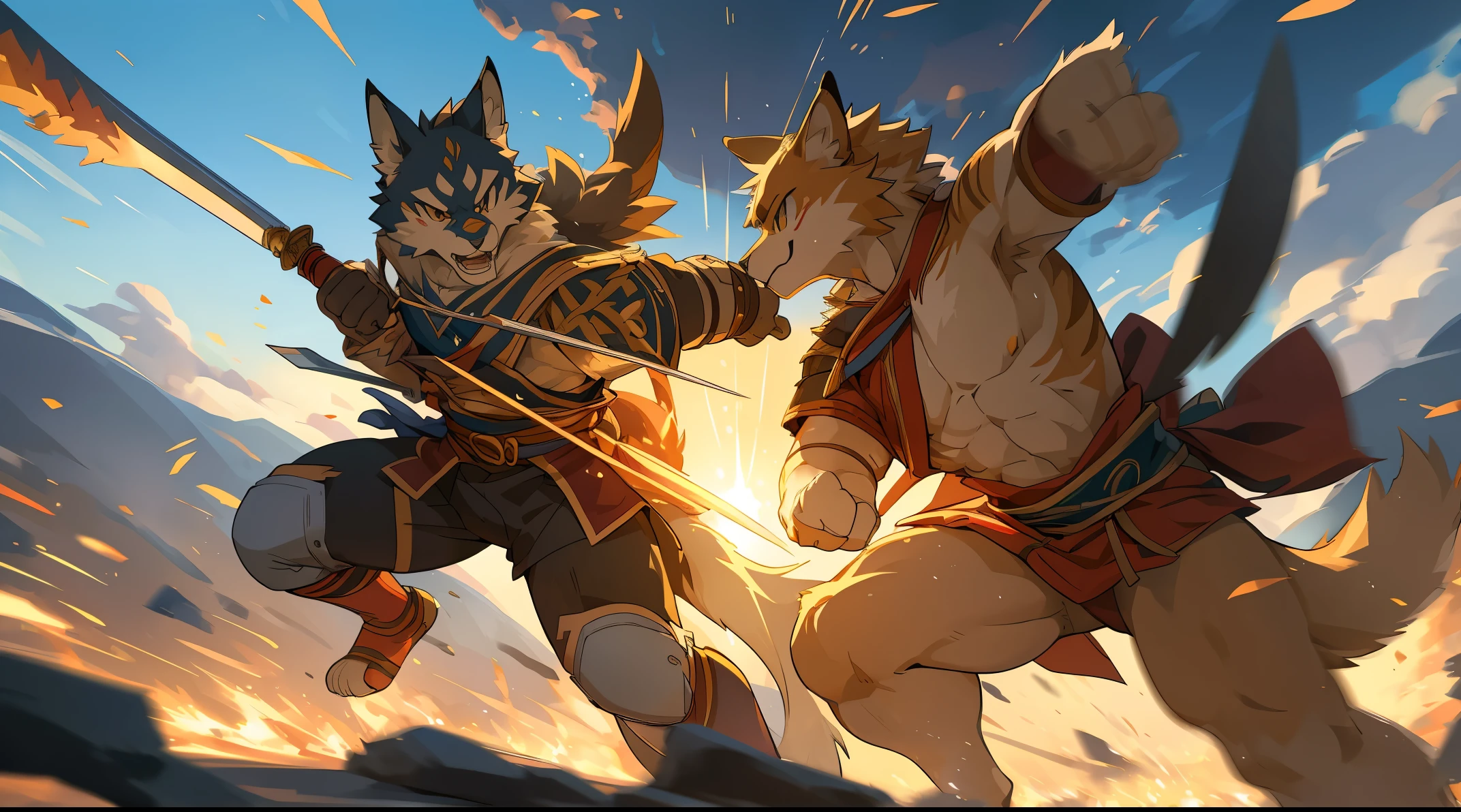 top quality, high-quality illustrations((masterpiece))depth of field, motion blur, absurdres, Perfect Anatomy, magnificent picture of kemono fighting fierce battles, kemono, Anthro((dramatic))epic, weapon, Acrobat, One scene of movie,
