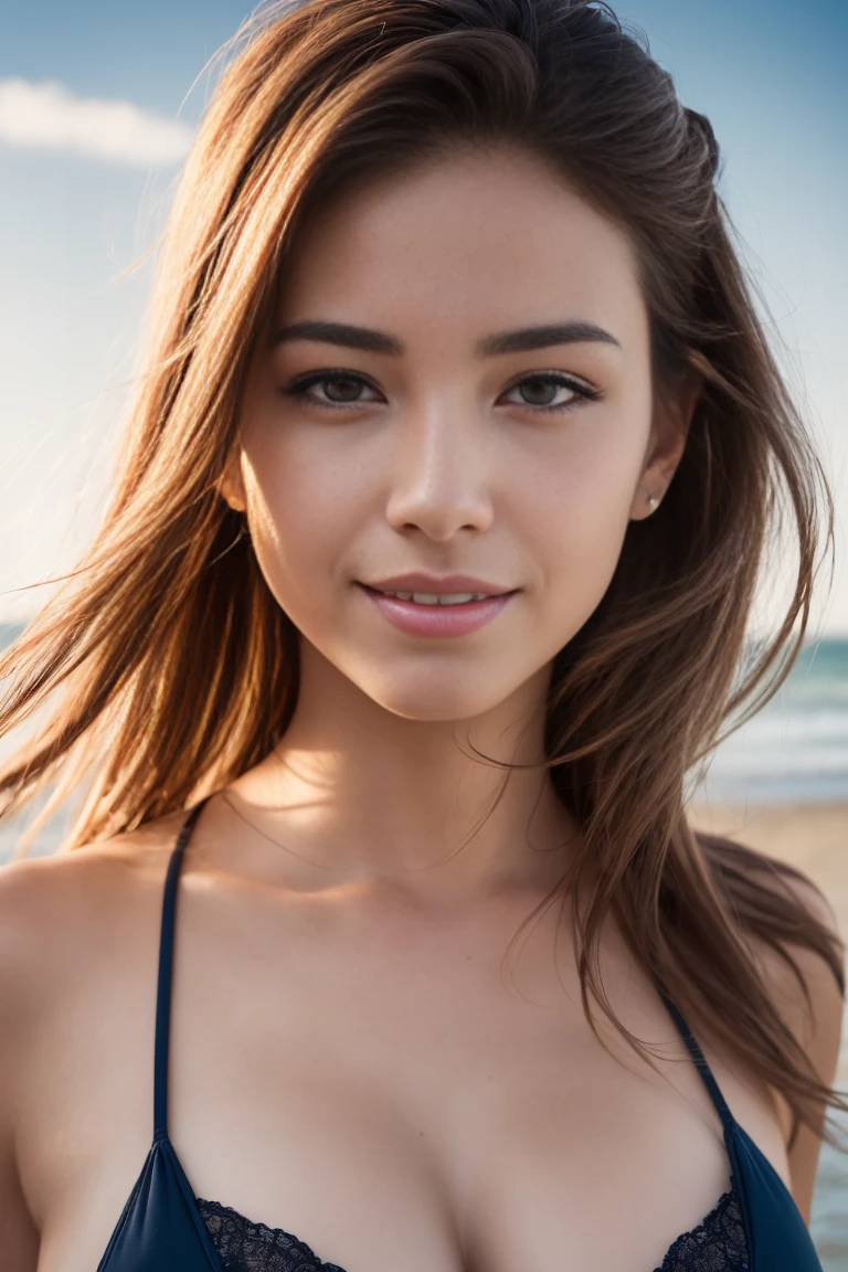 bloom, lens flare, (8k, RAW, professional, best quality, masterpiece:1.2), (realistic,photorealistic:1.37), ultra-detailed, (25mm portrait wide angle), (highest detailed skin:1.2), (highest detailed face:1.2), cinematic lighting, 1girl, European, straight blond hair, (windy), standing on the beach, night time, warm white light, look at the camera, bikini, polite smile