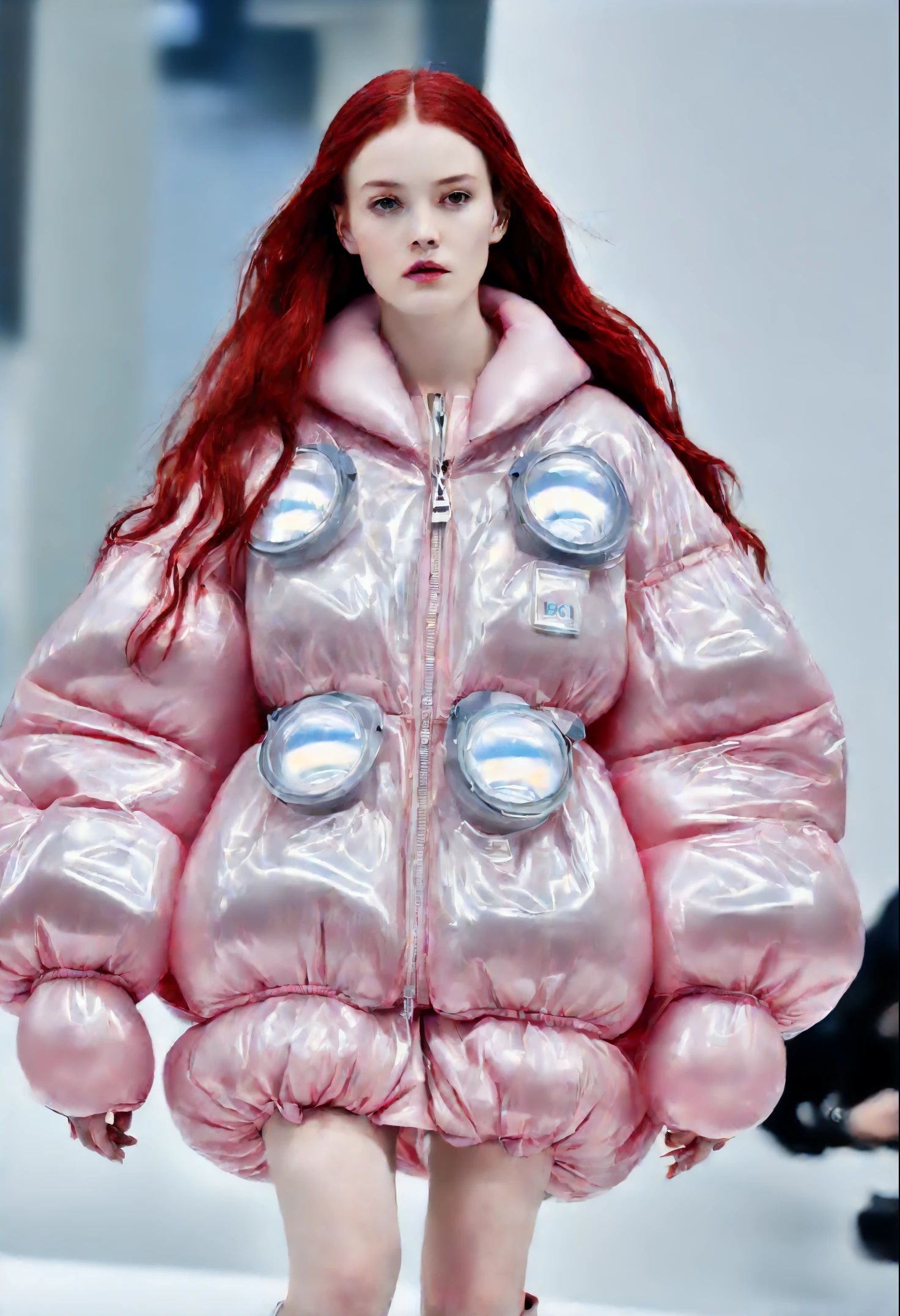 Masterpiece beautiful girl, long hair,red hair ,futuristic fashion show，space style Translucent ethereal alienuturistic pink jacket bubble bubble in shop bag fashion show，High-tech catwalks，Retro British collection long hair red balenciaga style