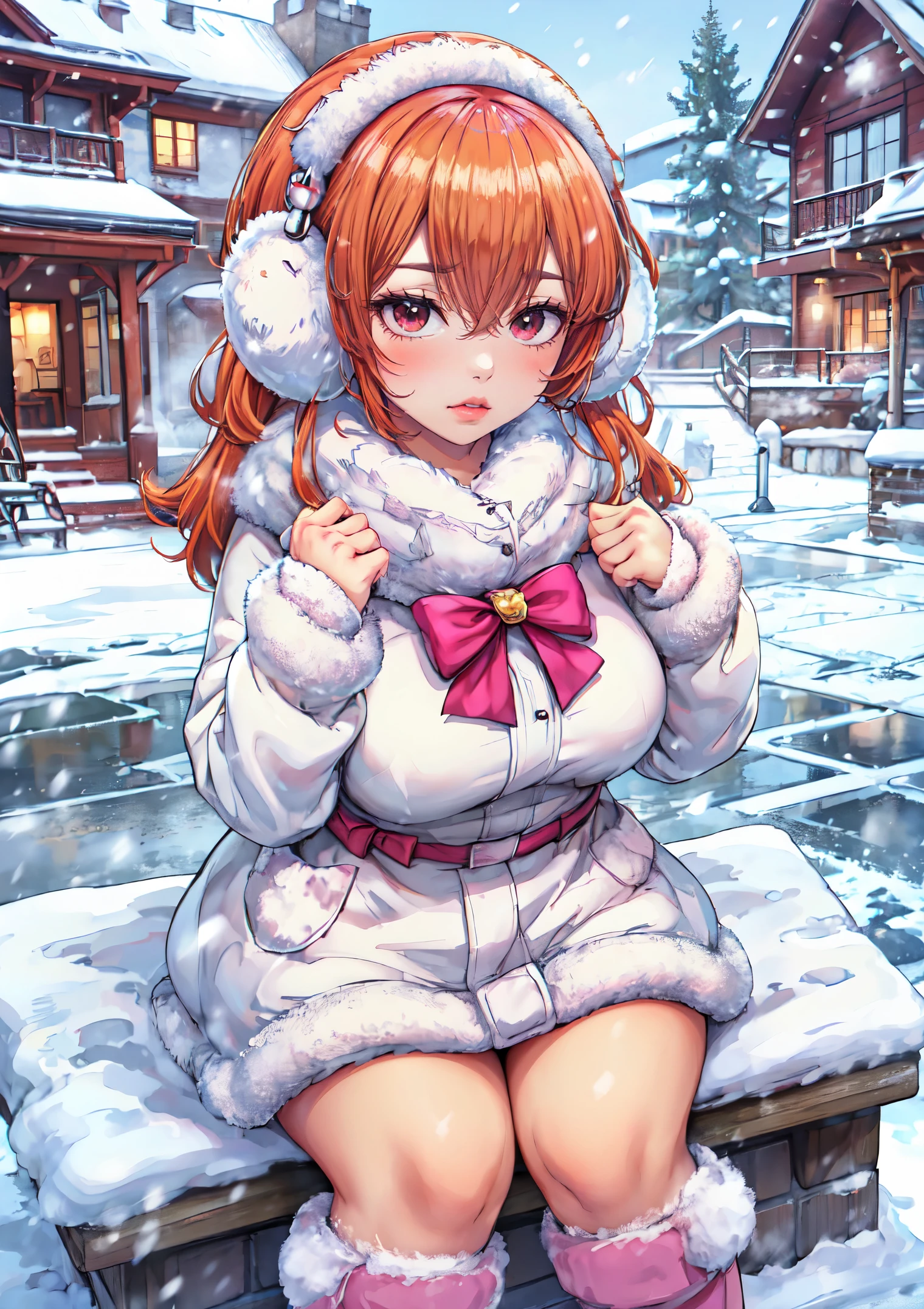 darkskin+++++, tanned+++, dark brown skin1:8++, bright orange hair, hair down, pink eye, big breast++, thick lips, pink bow+, detailed eyes+, (highest quality, amazing details:1.3), (solo:1.3), masterpiece, glossy lips, dolly lips+, outside background, snow falling+, snow, pouty lips++, pink winter fur outfit+, snow boots, earmuff, facing forward+, pink bow+, sitting in snow+,