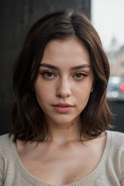 ((best quality)), ((masterpiece)), (detailed), perfect face realistic photo of beautiful woman with long dark brown hair, Russian, influencer, light freckles, dark brown eyes, big lips, no makeup, instagram, standing next to black wall, wearing sexy lond winter jumper