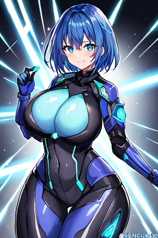 1girl, breasts, large breasts, wide hips, thick thighs, anime screencap, futuristic, science-fiction, bodysuit, black bodysuit, blue hair, very short hair, smile, light smile, neon, neon trim, blue eyes, hair ornament, ornament
