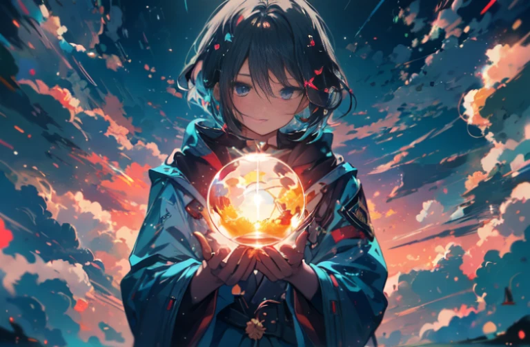 masterpiece, highly detailed, concept art, a person holding a glowing object above the clouds, a painting, inspired by Cyril Rolando, in the anime film, website banner, magic art flowing from hands, centred in image, anime movie screenshot, streaming on twitch, the tesseract, connectedness, blue image, the artist has used bright, 2 0 1 9 anime, cleanest image, alchemist library background, dynamic lighting, (epic composition, epic proportion), HD