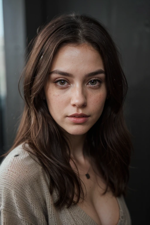 ((best quality)), ((masterpiece)), (detailed), perfect face realistic photo of beautiful woman with long dark brown hair, Russian, influencer, light freckles, dark brown eyes, big lips, no makeup, instagram, standing next to black wall, wearing sexy lond winter jumper