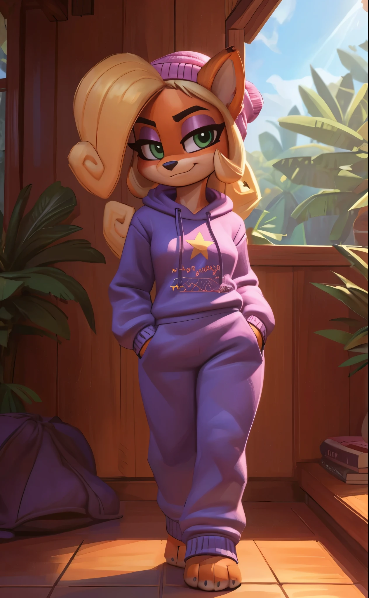 [Coco bandicoot], [Uploaded to e621.net; (Pixelsketcher), (wamudraws)], ((masterpiece)), ((HD)), ((solo portrait)), ((full body)), ((front view)), ((feet visible)), ((furry; anthro)), ((detailed fur)), ((detailed shading)), ((beautiful render art)), ((intricate details)), {anthro; orange fur, black nose, (cute green eyes), (short eyelashes), (pink eyeshadow), (long blonde curly hair), (curvy hips), (beautiful legs), (beautiful paws), (blushing), (smug smirk)}, {(purple sweatshirt), (yellow star on sweatshirt), (purple sweatpants), (drawstrings), (pink beanie)}, {(standing), (hands in pockets), (looking at viewer)}, [background; (tropical forest), (tree house), (living room), (beanbag), (window), (blue sky), (sun rays)]