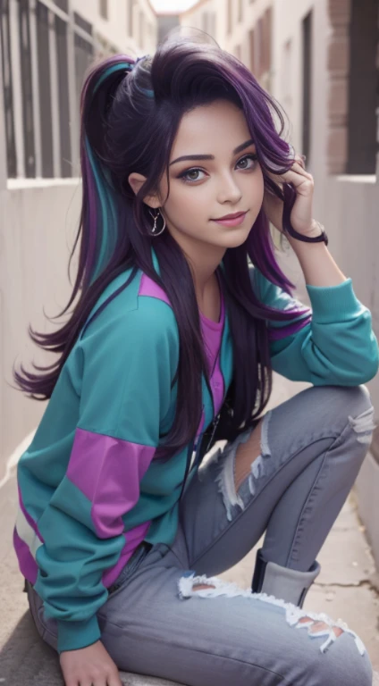 ((Selena Gomez:Emma Watson:0.8)) ((30year old)), hair((long, wavy, purple, purple)), eyes((smart eyes, blue)), clothes((hoodie, hotpants, pattern, pattern)), accessories ((hair pin, ponytail)), smiling, big breast, big boobs, city, night sky, smile, riding Motorcycle, sitting on Motorcycle,
