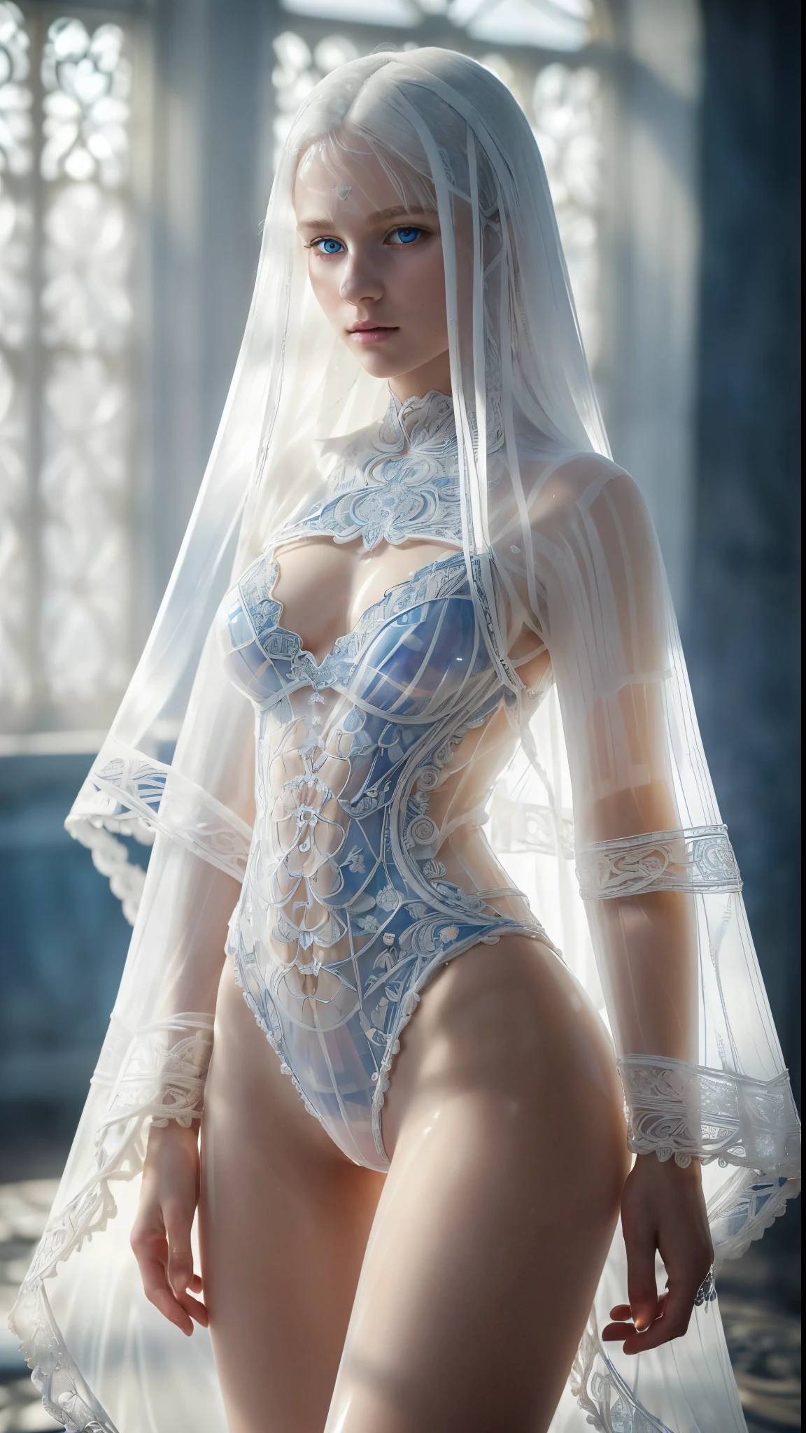 8k full body shot of beautiful white-haired 18 year old girl, (intricate, barely any clothes:1.2, extremely translucent white lingery:1.5), intricate, beautifull face, elegant, highly detailed, digital hyperrealistic photography, hyperrealistic photography filigree, shyness, (masterpiece, sidelighting, (finely detailed beautifull blue eyes: 1.2),