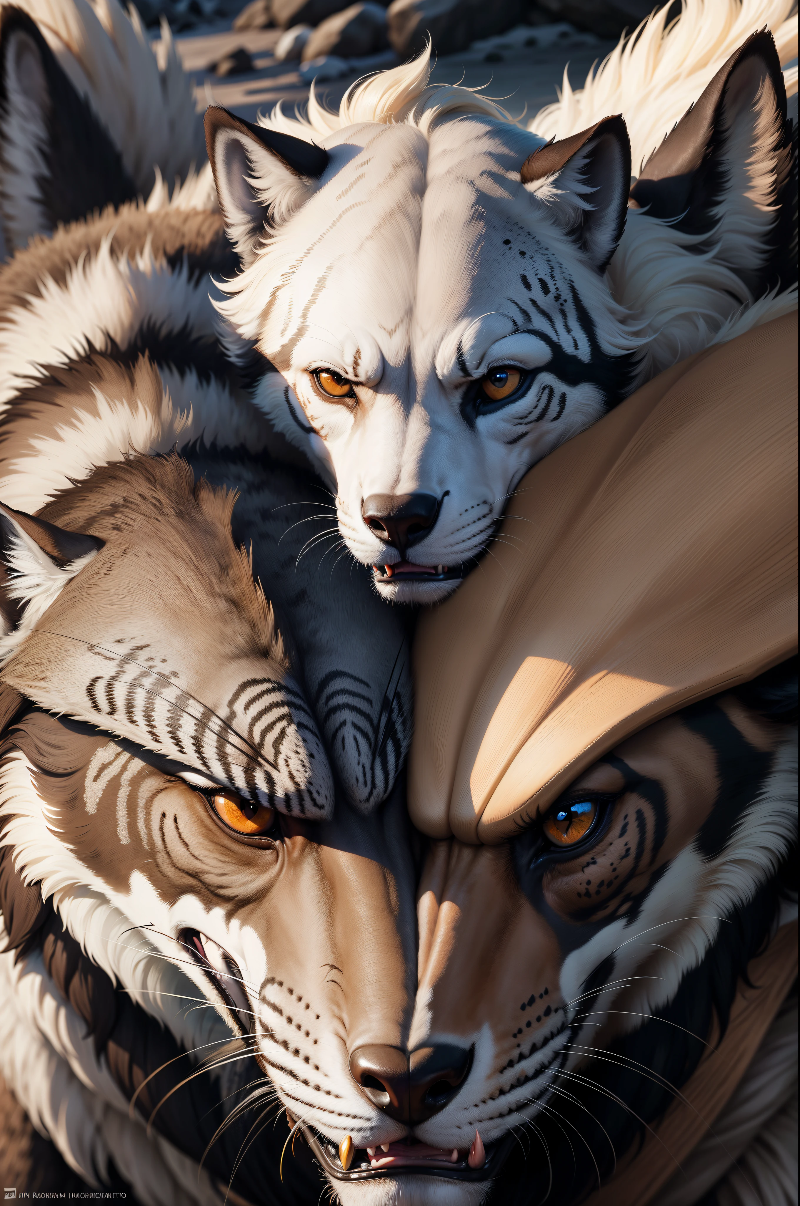 Retrato realista ultra HD 3 lobos selvagens brancos,3 lobos usando fucinheira de guerra, rugas ,Facial expressions show strong emotions